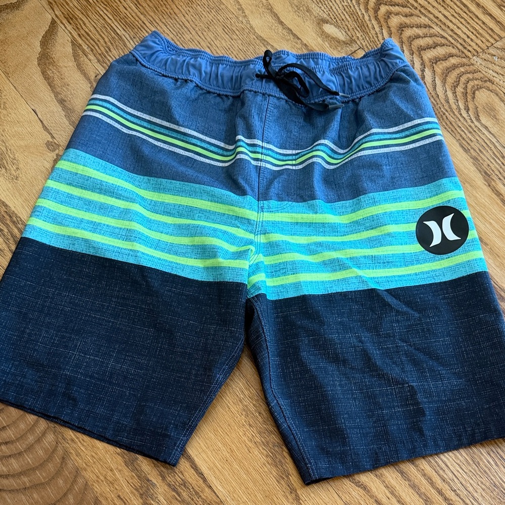 Hurley Boys Navy, Teal & Lime Striped Board Shorts- like new